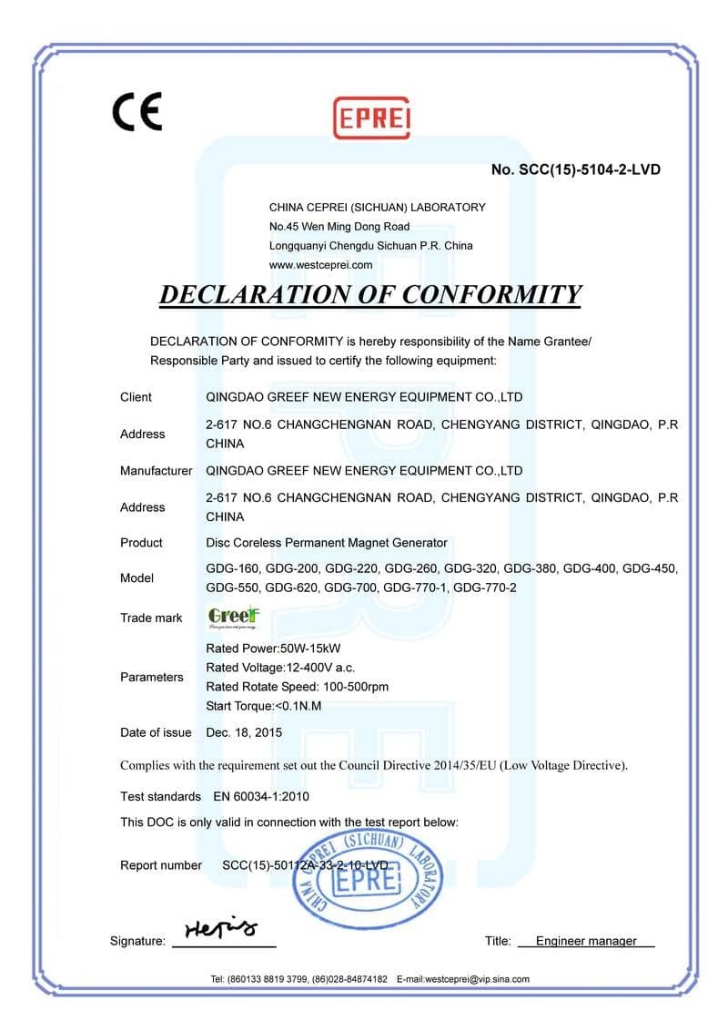 China Qingdao Greef New Energy Equipment Co., Ltd Certificações