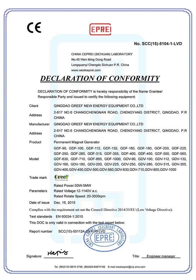 China Qingdao Greef New Energy Equipment Co., Ltd Certificações